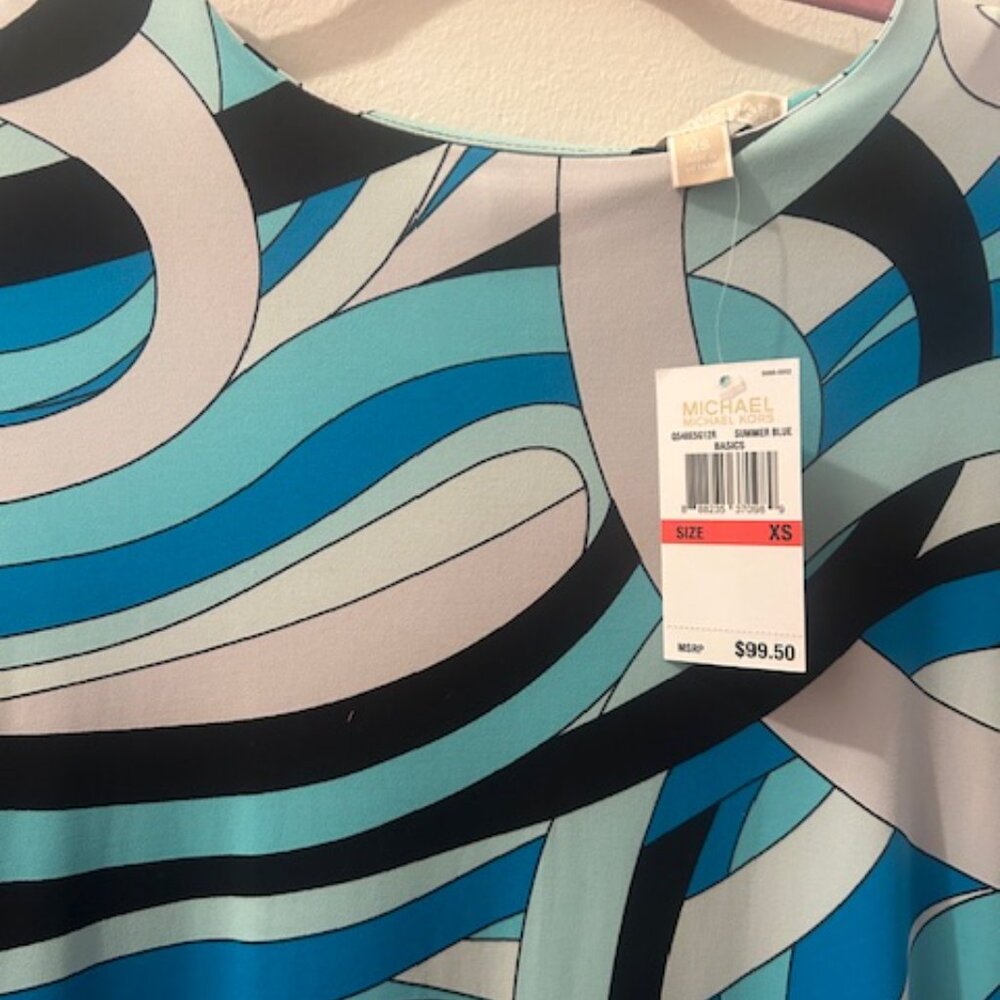 Michael Kors Abstract Geometric Retro Print Shades of Blue Stretch MiniDress NWT - Picture 5 of 16